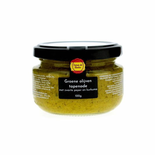 Tapenade serra de rodes groene olijven, zwarte peper en kurkuma